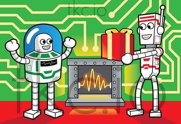 Two cheerful robots in a festive setting. One robot, wearing a blue helmet, receives a red gift with a yellow bow from another robot with a red-striped design. They stand in front of a digital fireplace, with a circuit board pattern in the background.