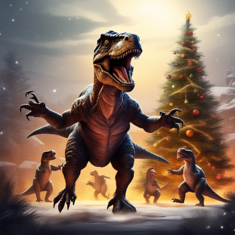 Drawing of dinosaurs dancing around a Christmas tree